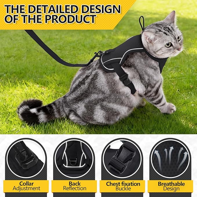 JOHNBOLIN Cat Harness and Leash Set - Escape Proof, Adjustable Breathable Vest Harnesses with Reflective Strips, Easy Control & Secure Walking for Small Medium Large Cats Kitten Collar (Black, Large)