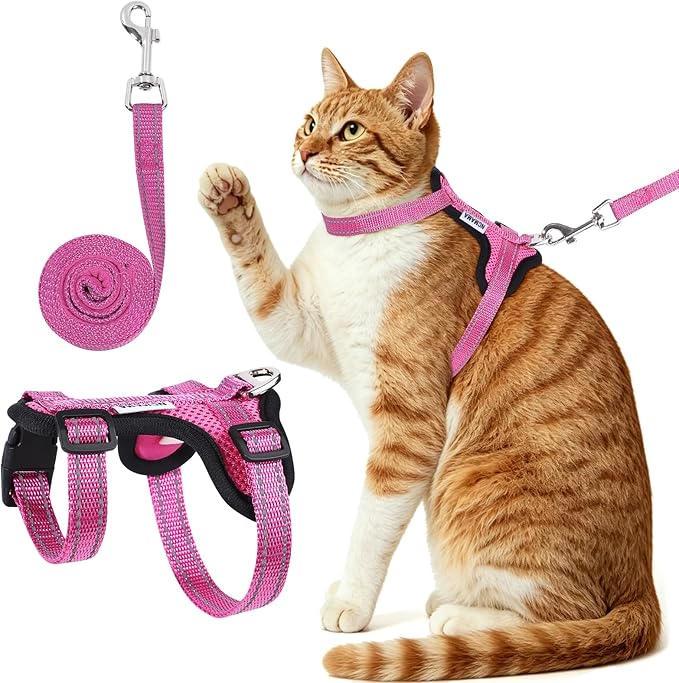 Cat Harness and Leash Set for Walking,Adjustable Escape Proof Kitten Harness and Leash with Reflective Strips,Easy to Wear Soft Breathable Harness for Cats Puppy Bunny Dogs Pink