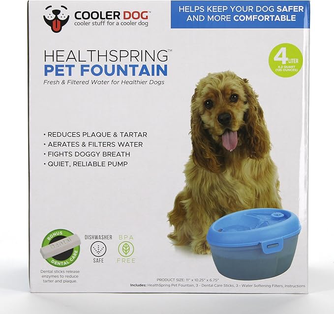 CoolerDog HealthSpring Pet Water Fountain – Ultra Quiet Filtered Dog & Cat Water Fountain with 3-Stage Filtration & Dental Care System, 4L (136 oz)