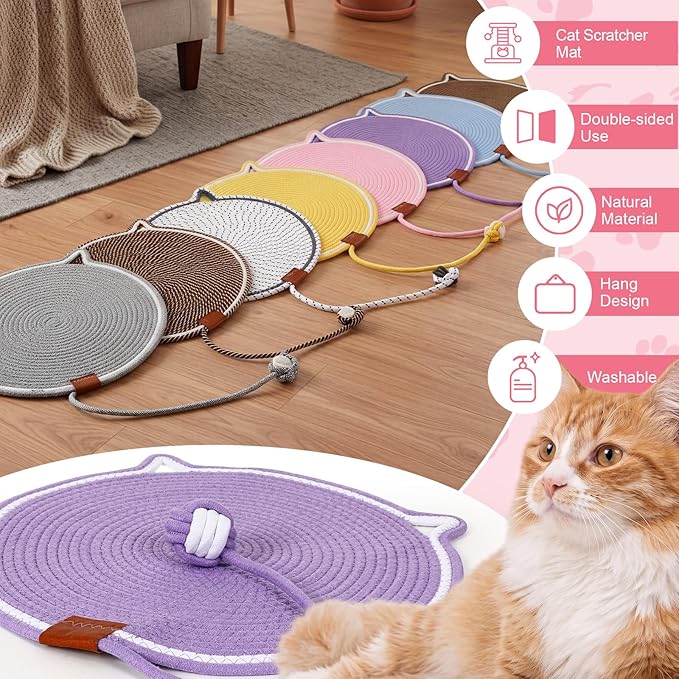 9 Pcs 16.9 Inch Cat Scratcher Mat Bulk Large Natural Cotton Rope Cat Scratch Pad Colorful Round Scratching Pads with Toy Balls for Indoor Cats Furniture Protector for Wall Sofas Carpets