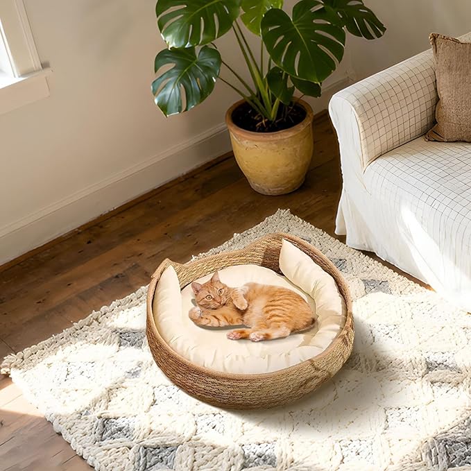 Cat Basket Bed,Woven Pet Sleeping Basket,Soft Cushion Resting Lounge All Season Animal Relaxation Furniture