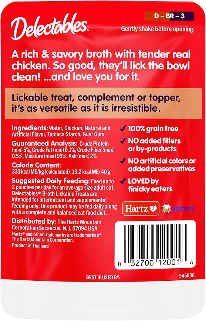 Delectables Lickable Treat Savory Broth Non-Seafood Wet Cat Treat with Real Chicken, Food Topper, Hydrating, Grain-Free, No Fillers, No By-Products, No Added Preservatives, 1.4oz Pouch, 12ct