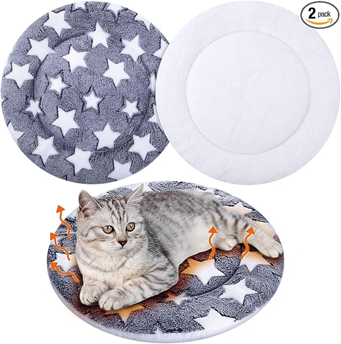 VitalCozy 2 Pack Self Heating Cat Pad Self Heating Cat Bed Machine Washable Heat Pet Mat Reversible Body Thermal Warm Round Dog Bed Crate Blanket for Feral and Indoor Cats(16'',Blue Large Star)