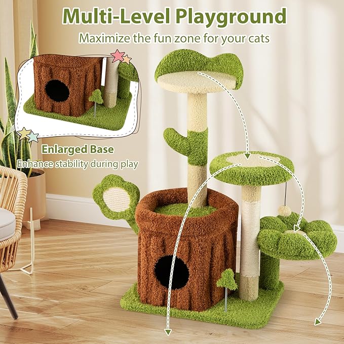 PETSITE Forest-Themed Cute Cat Tree, 36 Inches Tall with Sisal Scratching Posts and Board, Condo, Dangling Ball, and Spring Toy, Ideal for Indoor Small & Medium Cats (21.5 x 16 x 36 inches)