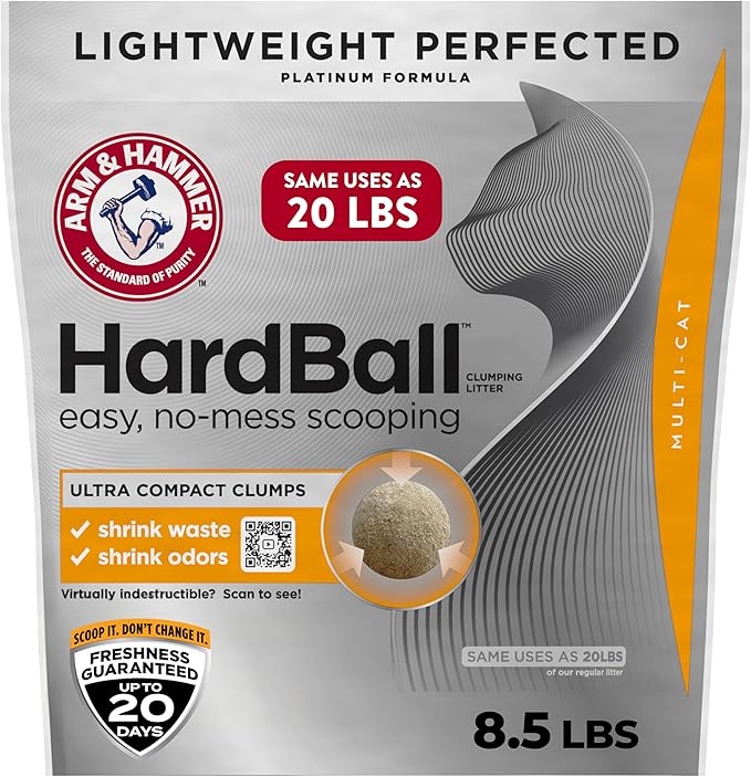 ARM & HAMMER Hardball Lightweight Platinum Multi-Cat Clumping Cat Litter Odor Control, Easy No-Mess Scooping, Garden Bloom Scent, 8.5 Lbs.