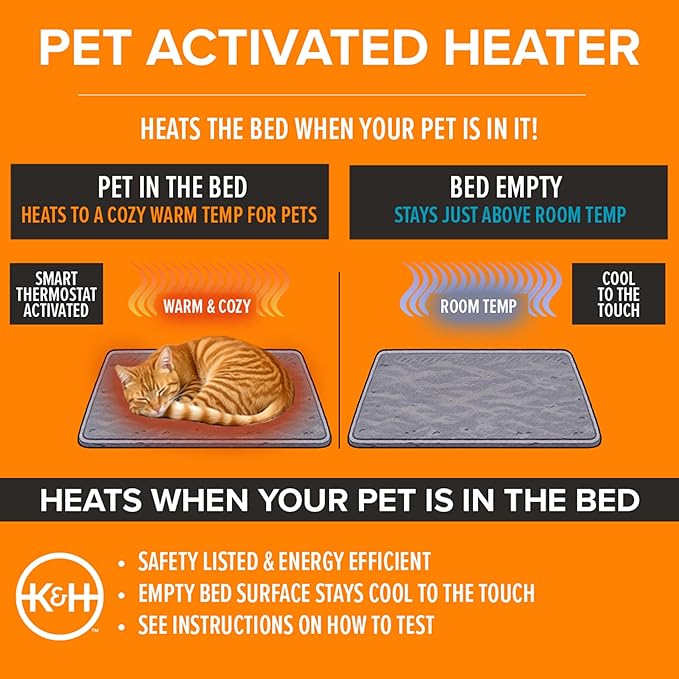 K&H Heated Cat Bed Indoor, Amazin' Thermo-Kitty Pad, Washable Cat Mat with Removable Pet Heating Pad, Traps Hair & Dander, Safety Listed, Gray - 20x15in - 4 Watt