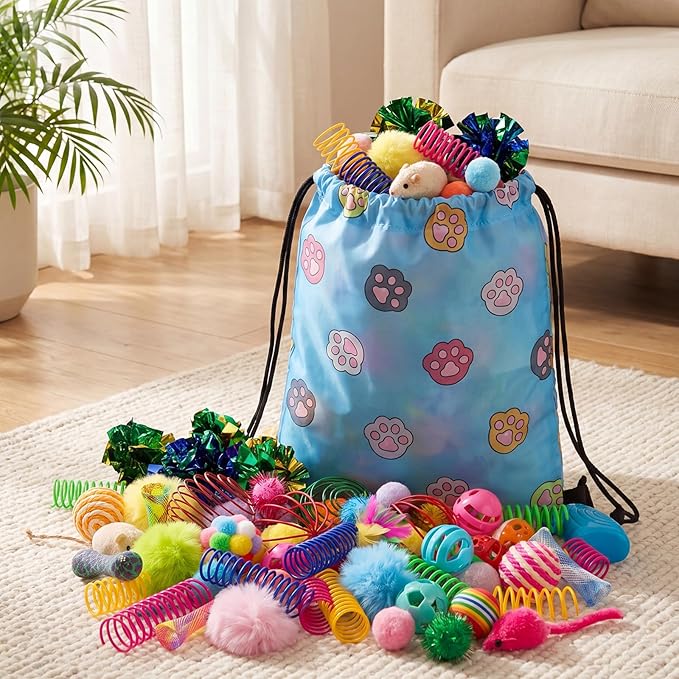 Leitee 100 Pcs Cat Toys Assortment with 1 Gift Storage Bag, Interactive Cat Play Set for Indoor Kitten, Colorful Springs, Mouse Toys, Chew Ropes, Balls, Bells & Sisal Ball (Ball Toy)