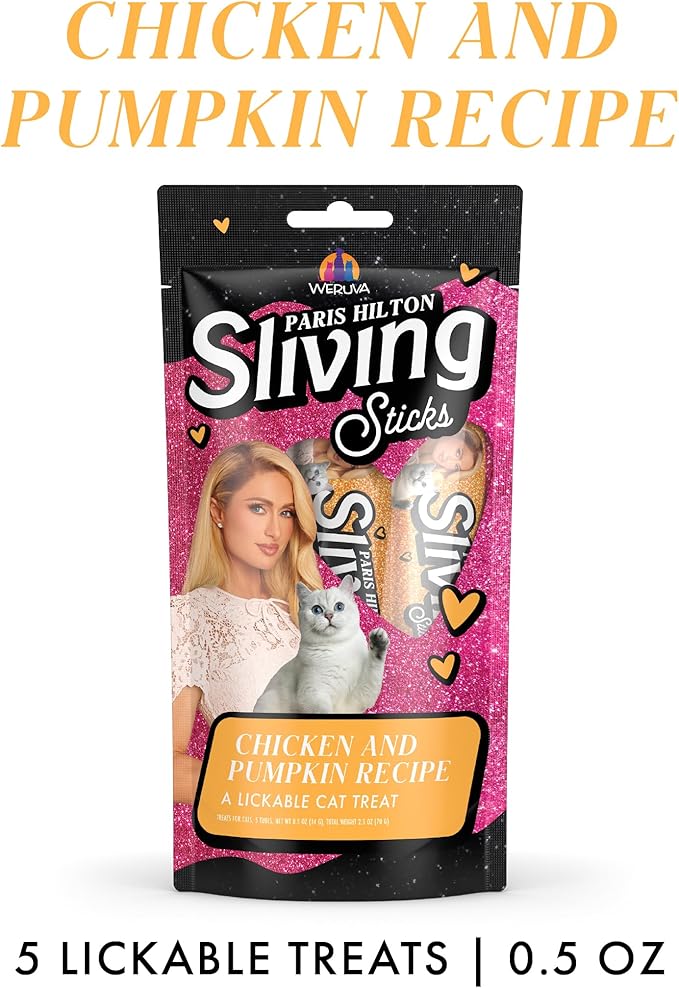 Weruva Paris Hilton Pamper Like Paris Sliving Sticks, Chicken and Pumpkin, 0.5oz Lickable Cat Treats, Pack of 5