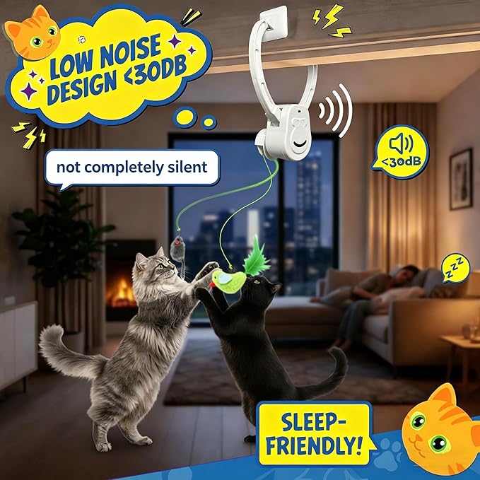Interactive Cat Toys for Indoor Cats, Dual Modes Automatic Hanging Cat Toy with Quiet Motor, USB Rechargeable, Flying Bird Feather Mouse Toy for Kittens, Bored Adult Cats & Multi-Cat Households