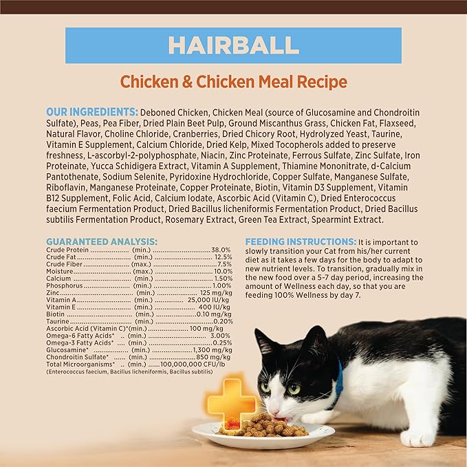 Wellness CORE+ Hairball Adult Dry Cat Food, Natural, Grain Free Kibble, Chicken Recipe, 4.75 lb Bag