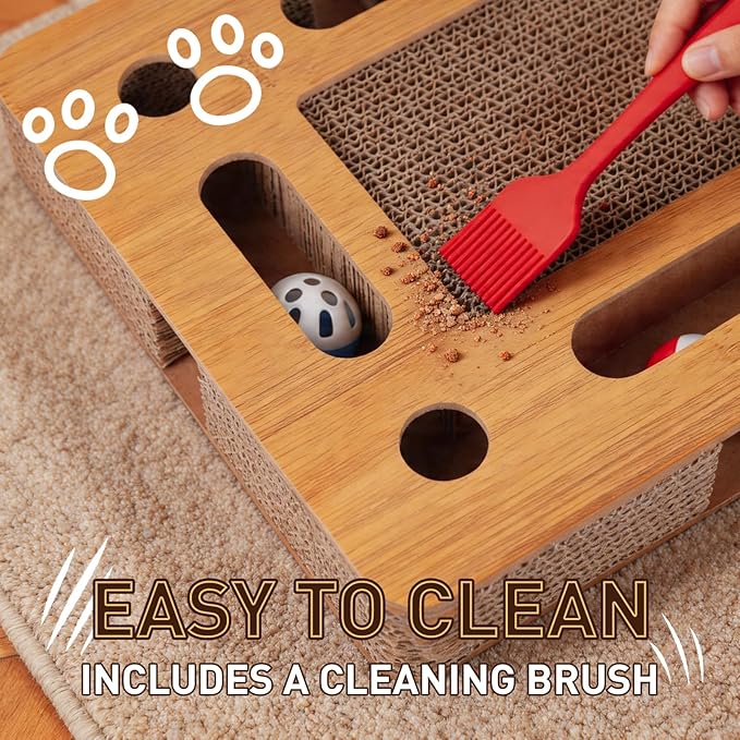 OHMU Cat Scratch Puzzle Enrichment Box, Cat Nail File Enrichment Box, Wooden Cat Puzzle Toy with Jingle Balls, Wands, Cleaning Brush for Indoor Cats