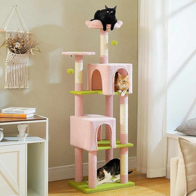 MUTTROS Flower Cat Tree, 62-Inch Tall Multi-Level Cat Tower with Scratching Posts, Cat Condos for Large Indoor Cats, Plush Cat Bed w/Padded Perches, Scratching Pad & 2 Green Pompoms, Pink