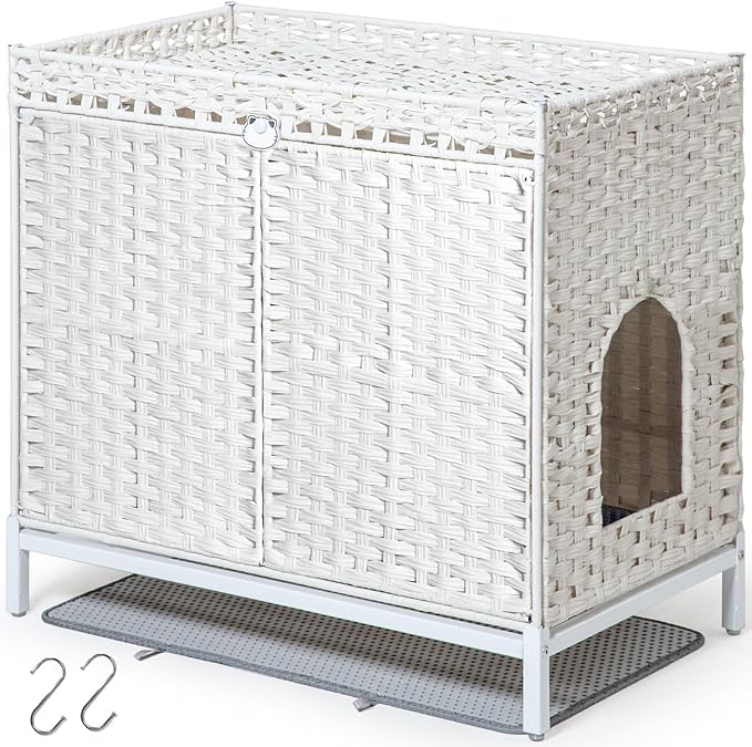 SETVSON Cat Litter Box Enclosure Furniture, Hidden Handwoven Rattan Litter Box with Mat, Large Cat House with Metal Heightened Feet, 30.3 x 18.3 x 28 Inches, Indoor for Living Room, Bedroom White