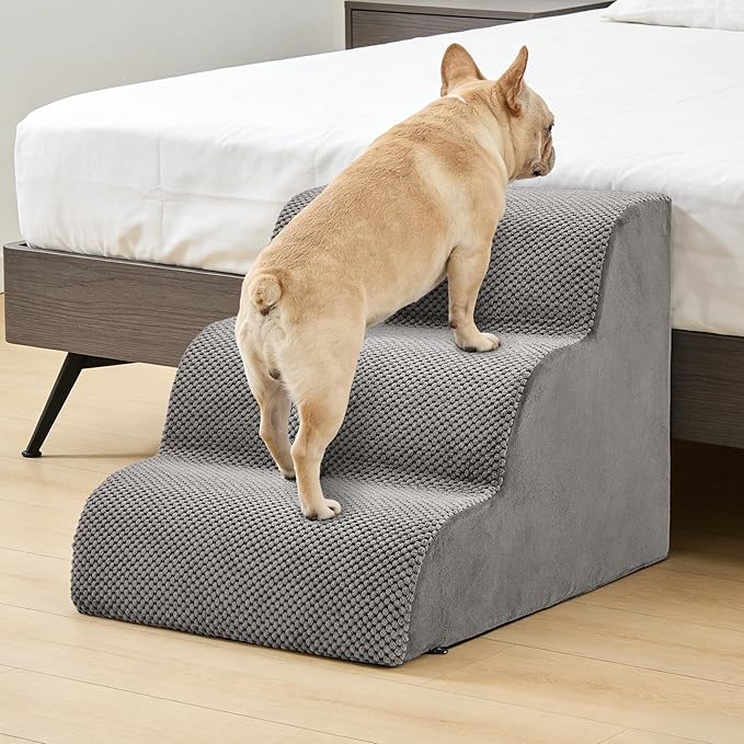 DUMOS Dog Stairs Ramp for Small Dogs and Cats, 3-Step Curved Pet Dog Steps with High-Density Foam for Puppy and Older Cats, Indoor Non-Slip Pet Ladder Ramp Stairs for Couch, High Beds, Sofa, Car-Grey