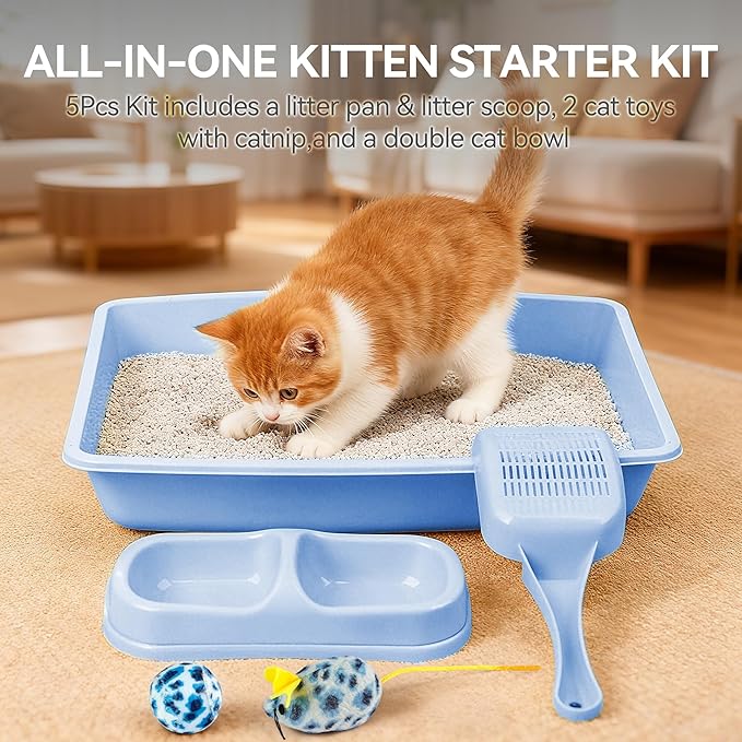Blue Cat Litter Box Set, Small Cat Kitten Starter Kit with Litter Scoop, Cat Bowl, Kittens Toy; Heated Cat Bed Indoor, Microwavable Heating Pads for Cats with 2 Cozy Covers