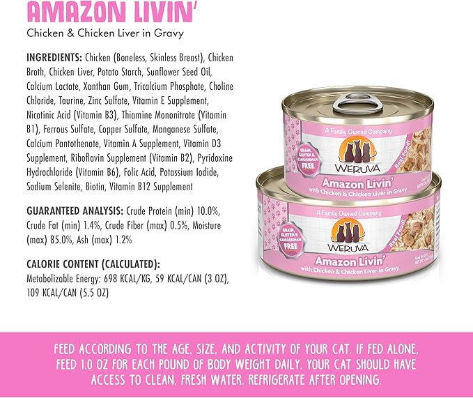 Weruva Classic Cat Food, Amazon Livin' with Chicken Breast & Chicken Liver in Gravy, 3oz Can (Pack of 24)