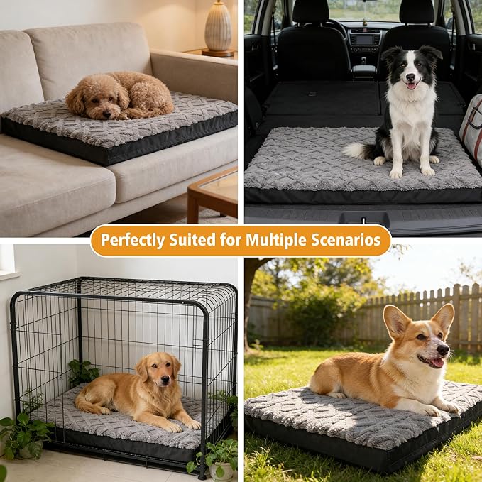 Orthopedic Dog Beds Large Sized Dog – Waterproof Plush Pet Mattress with Removable Washable Cover, Non-Slip Bottom, Memory Foam Mat for Crate, 35x22 Inch, Grey