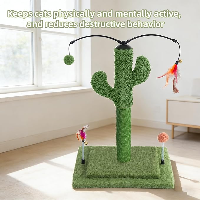 YUNIQUE Cactus Cat Scratching Post with Sisal Rope, Small Cat Tree with Dangling Balls & Feather for Kittens (Green,20.9'')