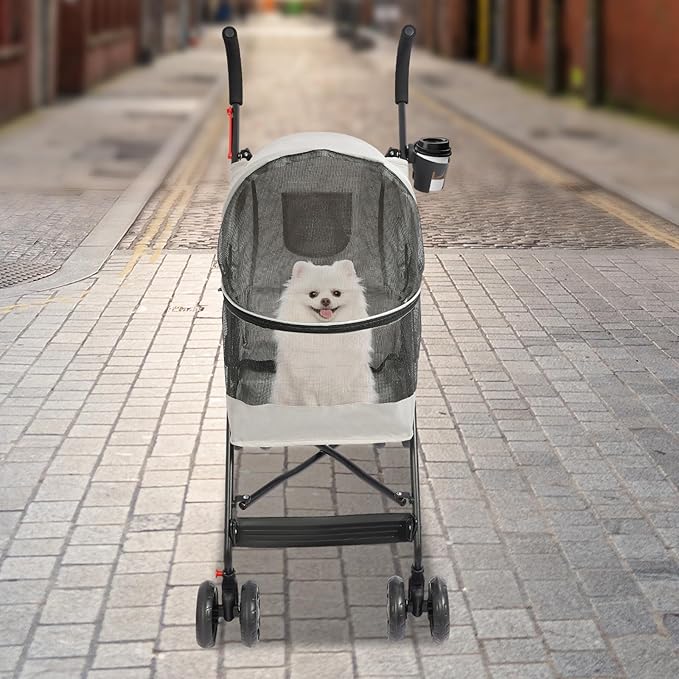4-Wheel Pet Travel Stroller, Foldable & Lightweight Dog Cat Cage Jogger Stroller, Breathable and Visible Mesh for Small & Medium Dogs & Cats (Up to 22lbs) (White)