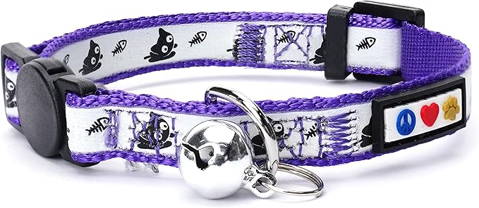 Pawtitas Glow in the Dark Cat Collar with Breakaway Safety Buckle & Bell Adjustable Kitten Collar, Purple