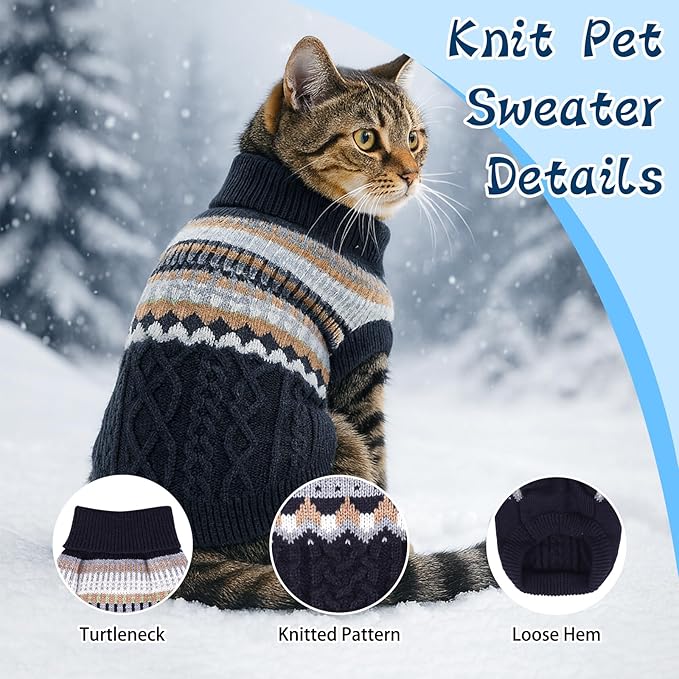 Knit Dog Sweater Turtleneck Cat Cold Weather Pullover Pet Vintage Cable Thick Warm Winter Clothes for X Small Dogs Cats Medium Pug Dachshund Yorkie (Navy, X-Large)