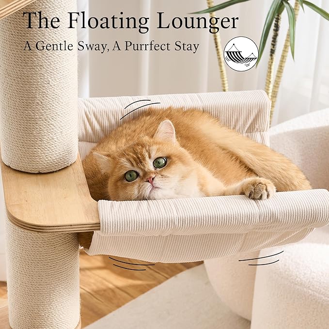 797Audio Modern Wood Cat Tree Tower, 64" Cat Tree with Sisal Scratching Posts, Condo, Capsule, Hammock for Indoor Cats, Solid Rubber Wooden Cat Tree, Multi-Level Tree for Large Adult Cat