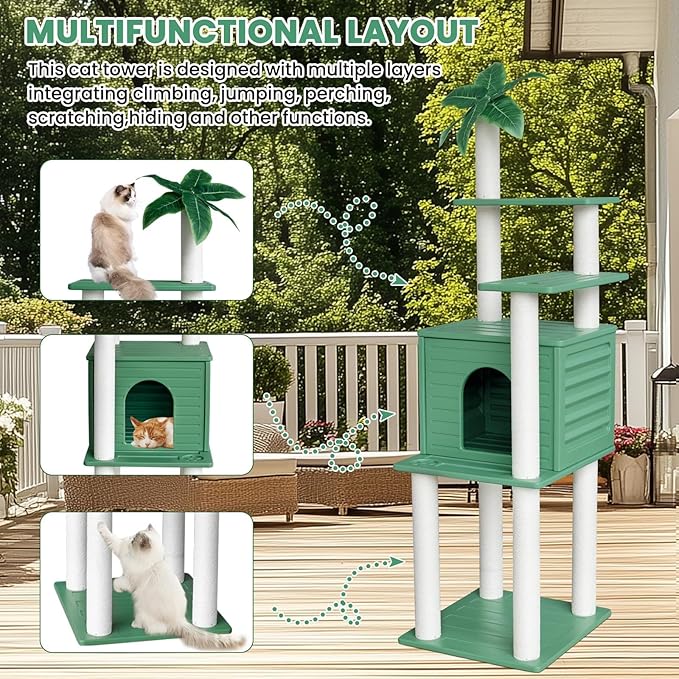 72 Inches Tall Cat Tree, Outdoor Cat House, Weatherproof Large Cat Condo with Cat Scratch Post, for Outdoor and Indoor Cat Towers