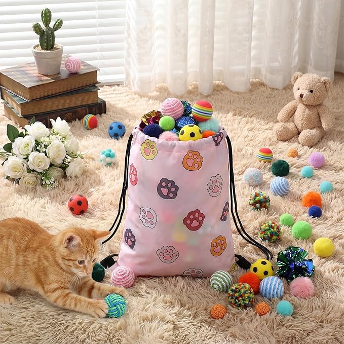 Leitee Cat Toy Balls Bulk with 1 Cat Paw Gift Storage Bags Set - Variety Interactive Kitten Toys Bundle with Crinkle Ball, Balls, Bells for Cats Mom Kittens and Indoor Cats Chase Pounce Rattle Play
