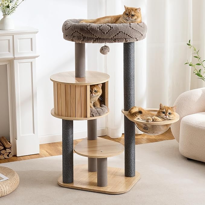 797Audio Wood Modern Cat Tree, 48" Cat Tower with Sisal Scratching Posts, Cat Condo, Capsule and Bed, Solid Wooden Aesthetic Multi-Level Cat Climbing Tree for Large Adult Indoor Maine Coon Cats-Gray