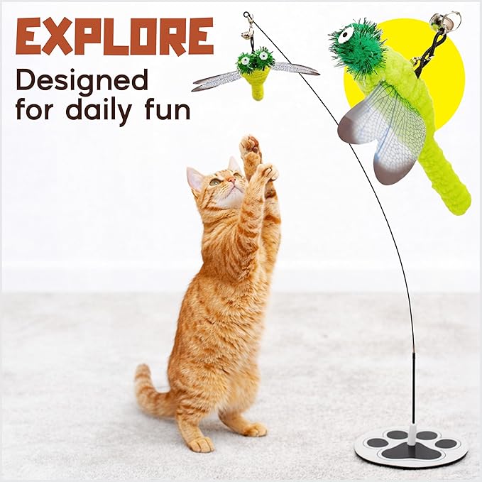 Interactive Cat Toys for Bored Indoor Adult Felines - Any Surface Base Teaser Wand - Feather Stimulation Activity - Bird Simulation Self Play Kitten Enrichment Solo Exercise - Juguetes para Gatos