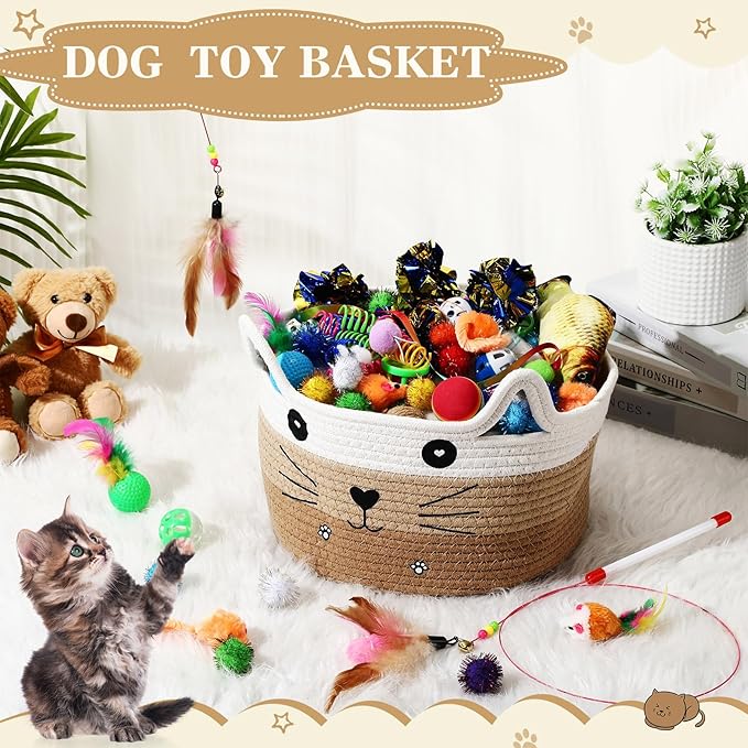 Zopeal 76 Pcs Graduation Cat Storage Basket Gift Toys Set Interactive Cat Toys Kitten Wand Colorful Flashing Balls Pet Crinkle Balls Attract Kitten to Swat, Hunt for Pet Indoor(Khaki)