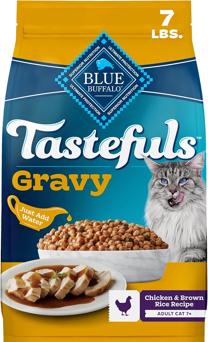 Blue Buffalo Tastefuls Irresistible Gravy Experience Chicken & Brown Rice Recipe Adult Cat 7+, Soft Dry Indoor Cat Food, Deliciously Healthy Natural Cat Food, Supports Digestion & Coat Health, 7 lbs.