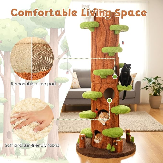 NUNU LAB 90.5 Inch Tall Large Cat Tree, Magic Forest Solid Wood Cat Tree Tower with Sisal Scratching Posts, Multi-Level Cat Condo with Side Hideaway Cave, Heavy Duty Cat Tree for Large Cats, Green