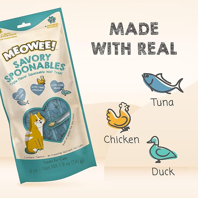 MEOWEE! Savory Spoonables with Real Tuna, Chicken & Duck, 4 Count Tube, Triple Flavor Squeezable Lickable Wet Treats for Cats with Built-in Spoon for Less Mess (Pack of 2)