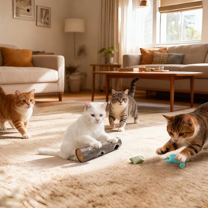 Interactive Cat Toy for Boredom - 6-Hole Roller Box with 3D Pressure-Resistant Paper, Mental Stimulation & Anxiety Relief, Includes Catnip Plush & Bell, Solo Play for Indoor Cats