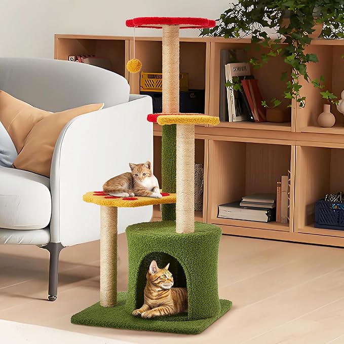 37in Cute Cat Tree, Flower Cat Tower for Indoor Cats with 3 Sisal Covered Scratching Posts, Cozy Tower Condo, Large Padded Top Perch Green Fun Cat Tree Kitty Condo Cat Furniture for Indoor Cats