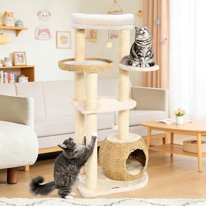 NUNU Modern Cat Tree, Modern Cat Trees Tower, Wooden Cat Tree for Large Cats, 53" Cat Tower for Indoor Cats, Hand-Woven Condo & Top Perch, for Kittens Climb, Play & Rest