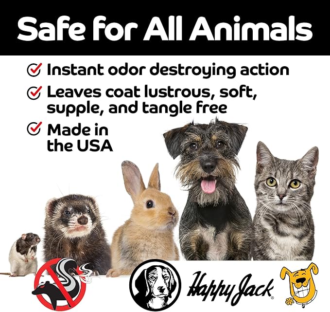 HAPPY JACK Mephidide Anti-Skunk Shampoo for Dogs & Cats Powerful Pet Odor Eliminator for Skunk Smell Removal Deodorizing Grooming Shampoo Safe for Coat & Sensitive Skin for Home Use (16 oz)