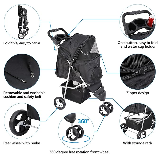 JungleA Foldable Pet Stroller for Cats Dogs,3 Wheel Pet Cage Jogger Cart for Small to Medium Pets,Lightweight & Portable & Durable Pet Stroller with Weather Cover, Storage Basket and Cup Holder