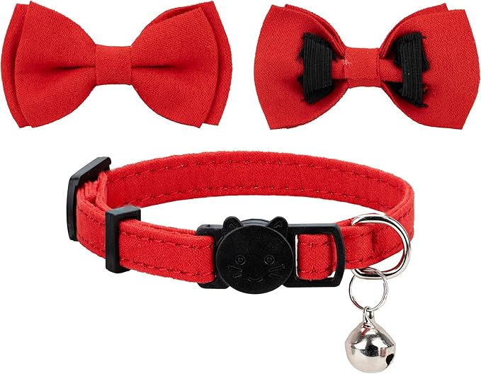 Cat Collar with Bow Tie Bell Breakaway Kitten Small Pet Safety Solid Wedding Basic Pure Color Suede Soft Adjustable [1pc] Red