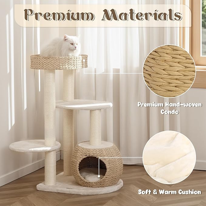 NUNU Modern Cat Tree, Modern Cat Trees Tower, Wooden Cat Tree for Large Cats, 39" Cat Tower for Indoor Cats, Hand-Woven Condo & Top Perch, for Kittens Climb, Play & Rest