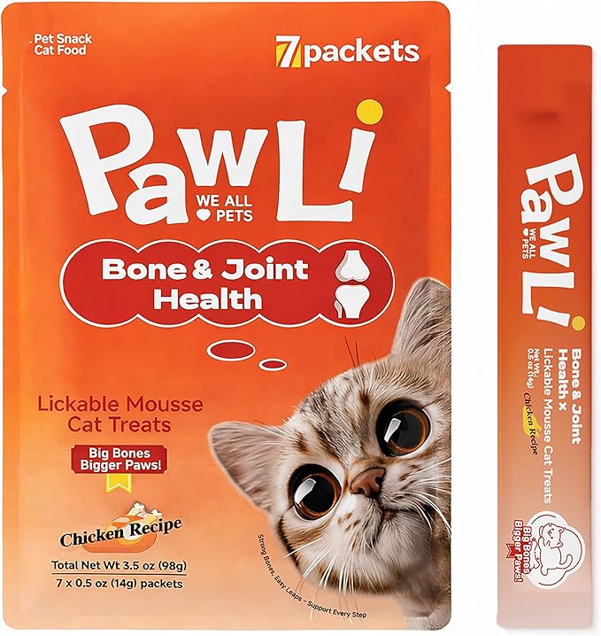 PAWLI Bone & Joint Lickable Cat Treats, Squeeze Cat Treats with Glucosamine for Joint Support & Mobility, Cat Treats for Joint Health, Grain-Free, 7 Count (3.5 oz Total)