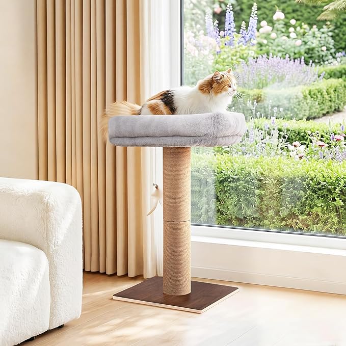 Cat Scratching Post, Retro-Style Tall Cat Scratcher Tower with Removable Gray Fluffy Cusion Perch, Natural Pine & Sisal Cat Scratcher for Indoor Cats, Medium