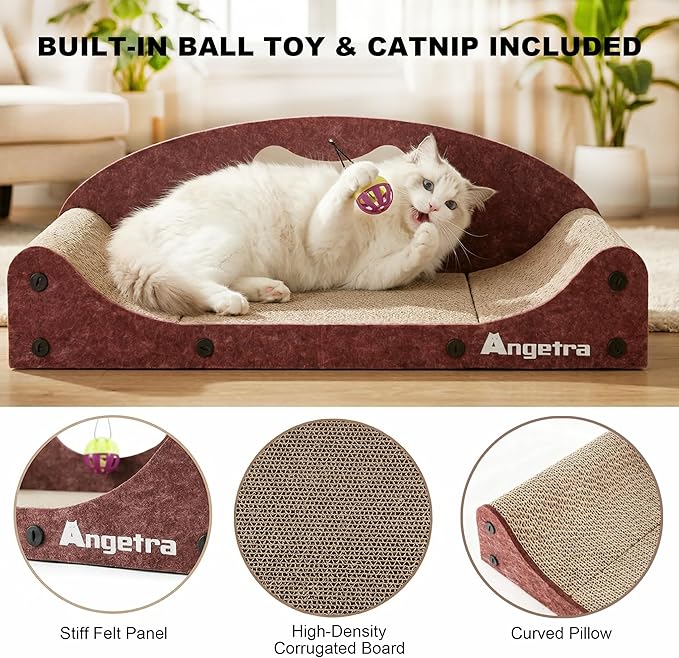 21" Cat Scratcher Bed, Scratcher Couch for Indoor Cats, Cardboard Scratcher Sofa, Durable Scratch Pad with Ball & Catnip, Furniture Protector (Brown, Medium)