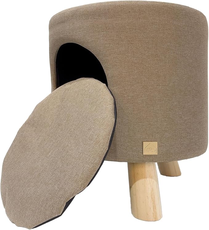 4 Cats & Dogs Wallie Stool – Plush Pet Stool & Bed with Wooden Legs, Cozy Cat Condo Furniture & Pet Nook Hideaway, Multipurpose Stool with Cozy Pads for Cats & Small Dogs, Tan