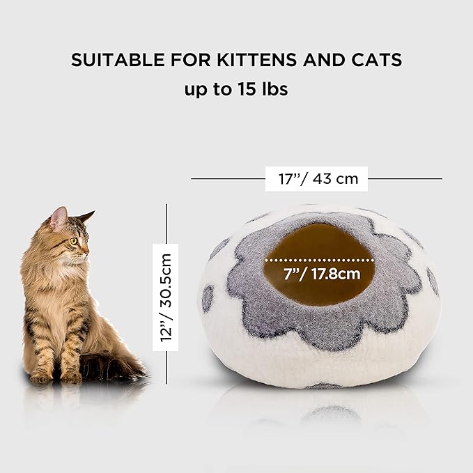 Woolygon Premium Felt Cat Cave Bed – Wool Kitty Beds Handcrafted Kitten Caves Bed for Indoor Cats - Made from Merino Wool, Foldable Cat Hideaway Covered Cat House Pod (White Flower)