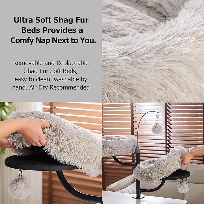 Catry Cat Desk Mount Double Perches for Indoor Cats, Pet Beds for Desk, Level Adjustable 3 Position Rotation, Space Save Desk Beds for Multi-Cat Home, Light Grey