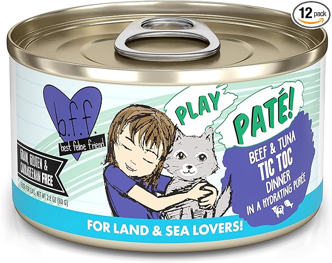 Weruva B.F.F. Play - Best Feline Friend Paté Lovers, Aw Yeah!, Beef & Tuna Tic TOC with Beef & Tuna, 2.8oz Can (Pack of 12)