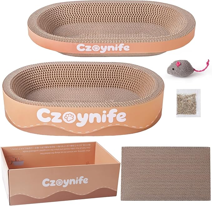 3PCS Cat Scratcher Bed, Oval Cat Scratcher Pad Bowl Nest for Indoor Cats, Round Cat Scratching Cardboard, Furniture Protector for Couch, for Kittens (Brown, 17 * 11.5 in)
