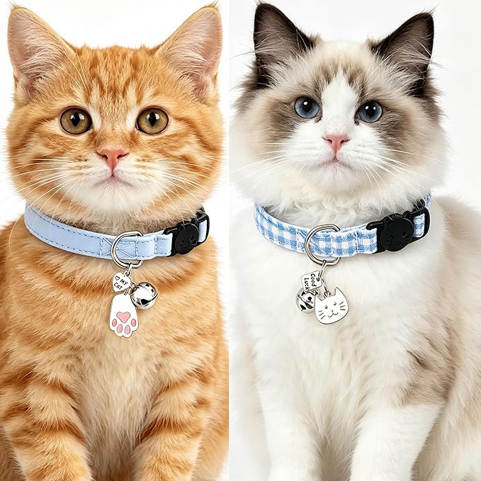 2 Pack Cotton Breakaway Cat Collars with Bell and Charms Blue Solid Plaid Safety Collars for Girl Boy Cats, Cat Head and Paw Pendant Cute Kitten Collars